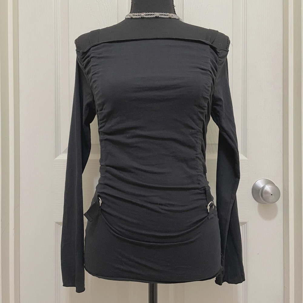 Vintage JLO by Jennifer Lopez Cold Shoulder Top Black M Ruched Y2K NWT Club Goth - Picture 1 of 9